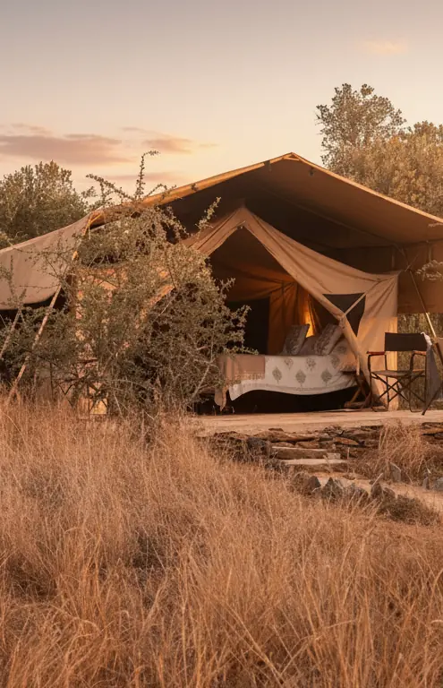 Luxury canvas safari tent with bed visible at golden hour in dry grassland, Moon’s Camp, Laikipia Highlands, Kenya