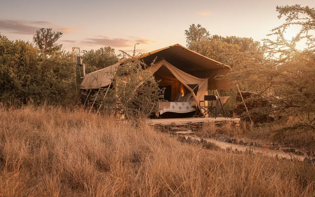 Glamping safari tent with deck overlooking dry grassland at sunset, Moon’s Camp, Laikipia Highlands, Kenya