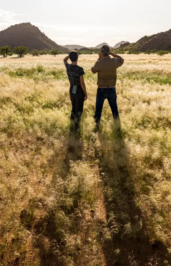 Guests standing in grassland with mountain peaks in background, Mowani Mountain Camp, Damaraland, Namibia