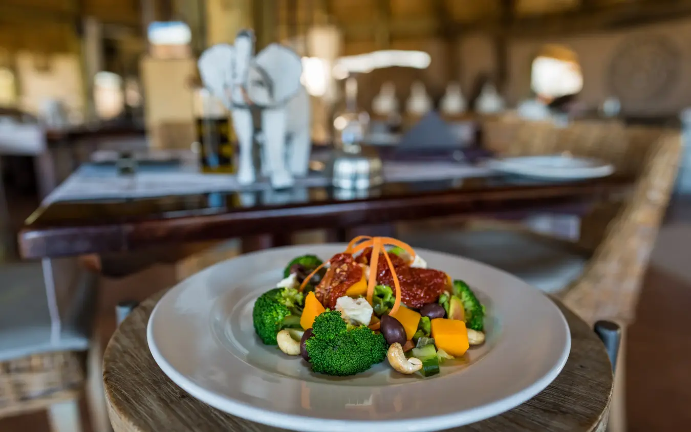 Plated gourmet dish with vegetables and meat in fine dining restaurant, Mowani Mountain Camp, Damaraland, Namibia