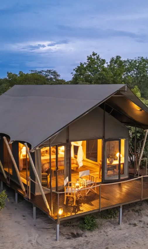 Illuminated safari tent with wooden deck in bushland at dusk, Muddy Teak, Hwange National Park, Zimbabwe
