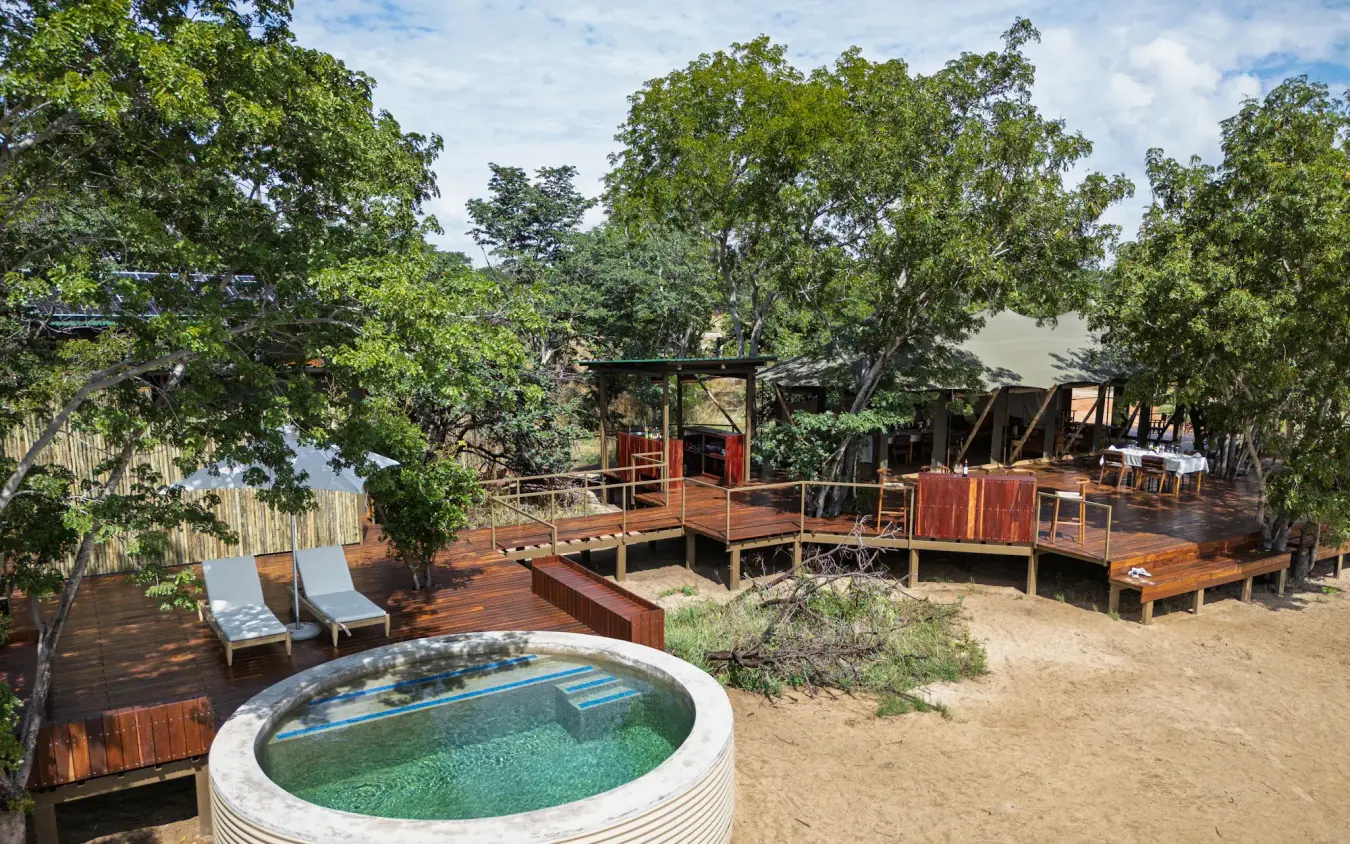 Wooden deck with plunge pool and safari lodge structures among trees, Muddy Teak, Hwange National Park, Zimbabwe