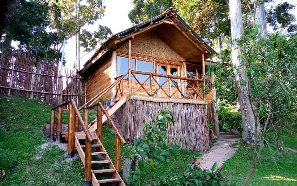 Elevated wooden lodge cabin surrounded by tall forest trees, Mutanda Lake Resort, Lake Mutanda, Uganda