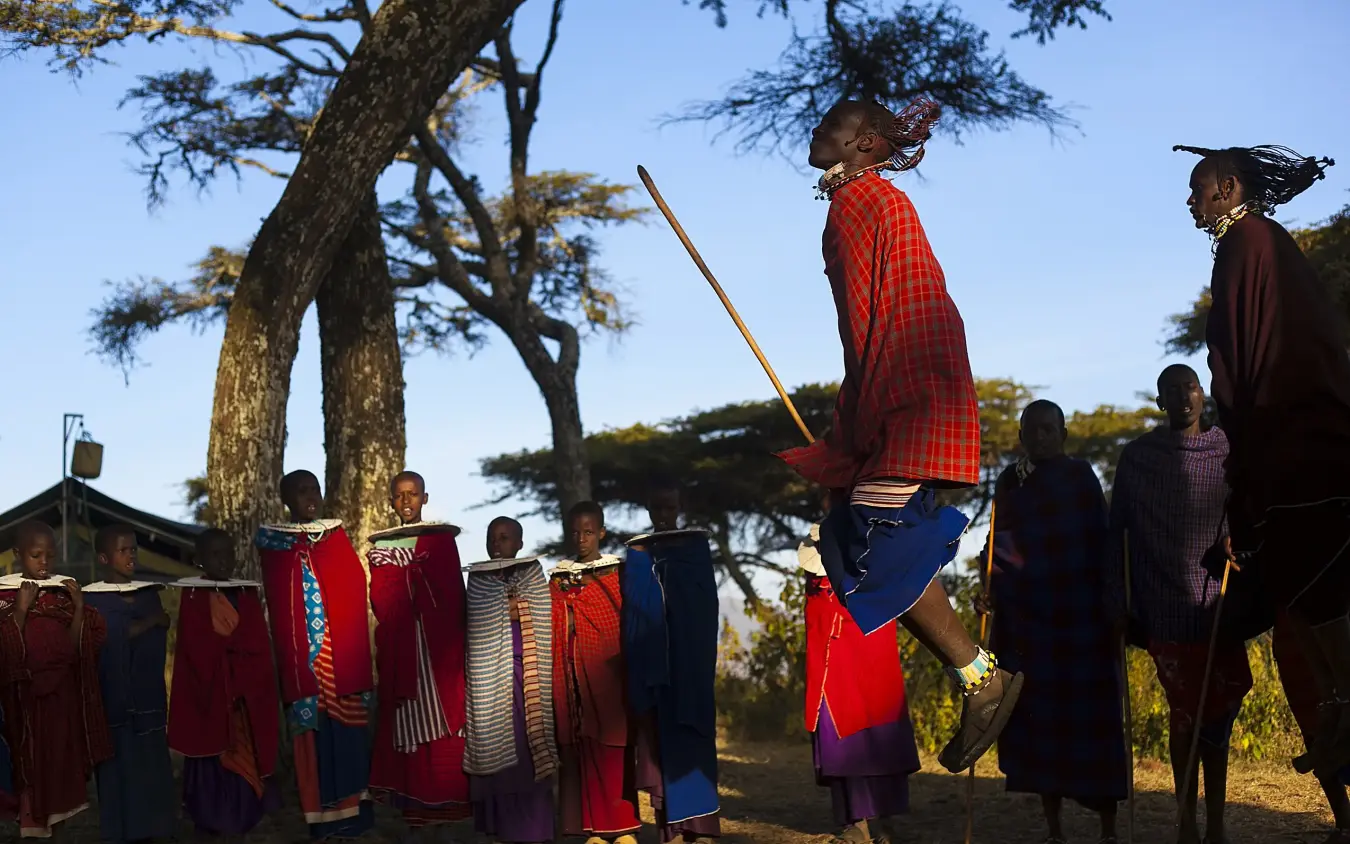Maasai warriors performing traditional jump dance ceremony, Mysigio Camp, Ngorongoro Crater, Tanzania
