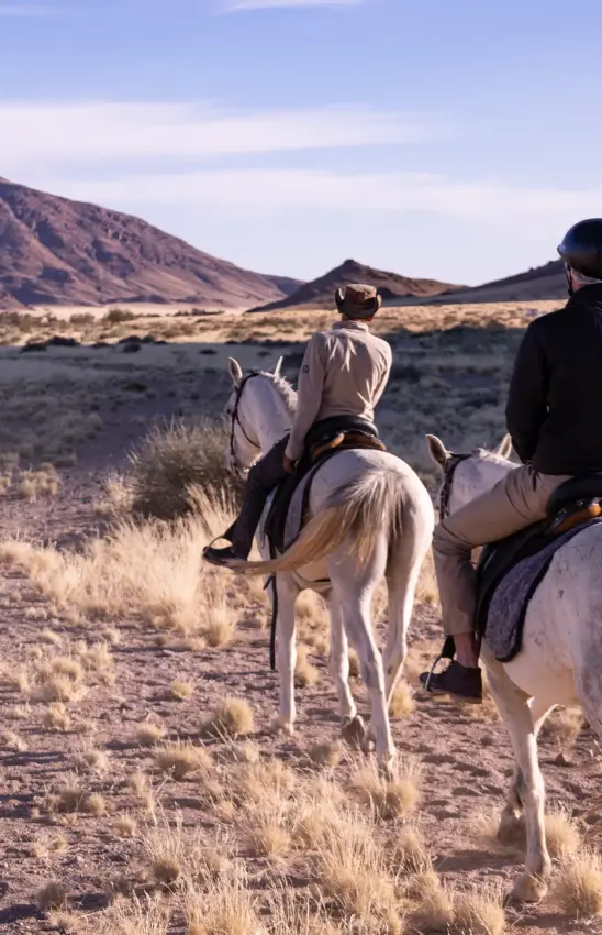 Horseback riders on arid plains with volcanic mountains in distance, Namib Outpost, Sossusvlei, Namibia