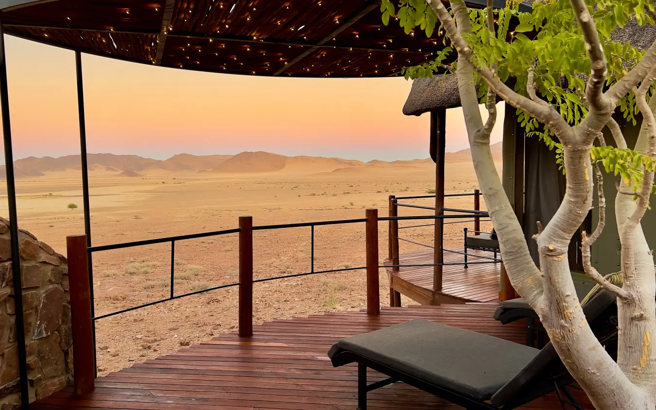 Desert lodge deck with acacia tree at sunset overlooking vast plains, Namib Outpost, Sossusvlei, Namibia