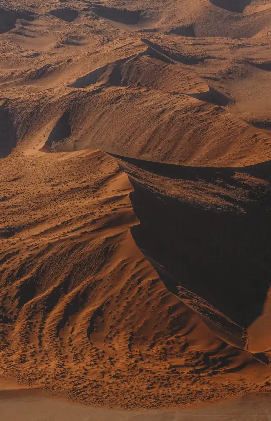 Aerial view of desert dunes with deep shadows at sunset, Namib Outpost, Sossusvlei, Namibia