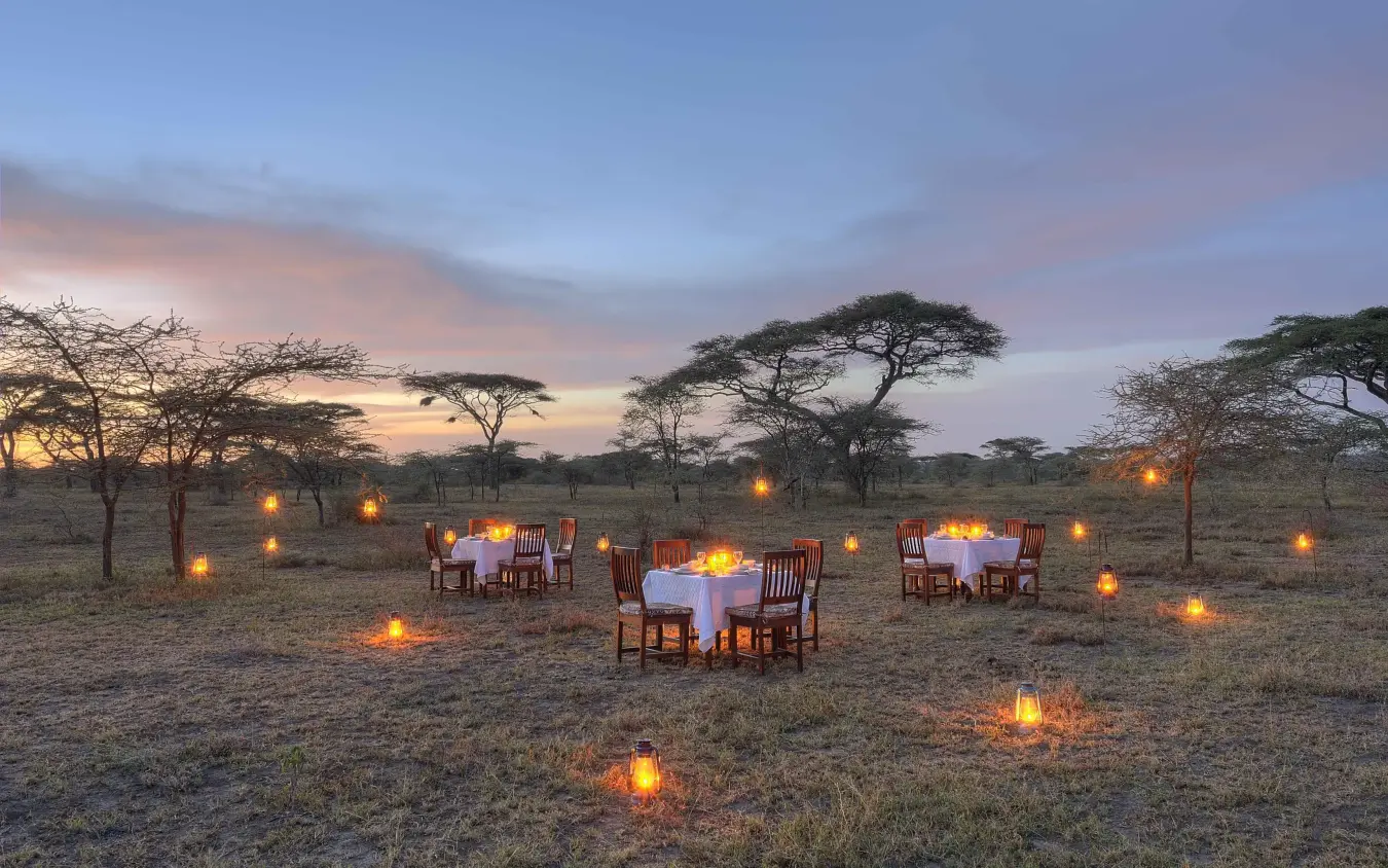 Outdoor dining tables set up at dusk under acacia trees, Ndutu Safari Lodge, Serengeti National Park, Tanzania