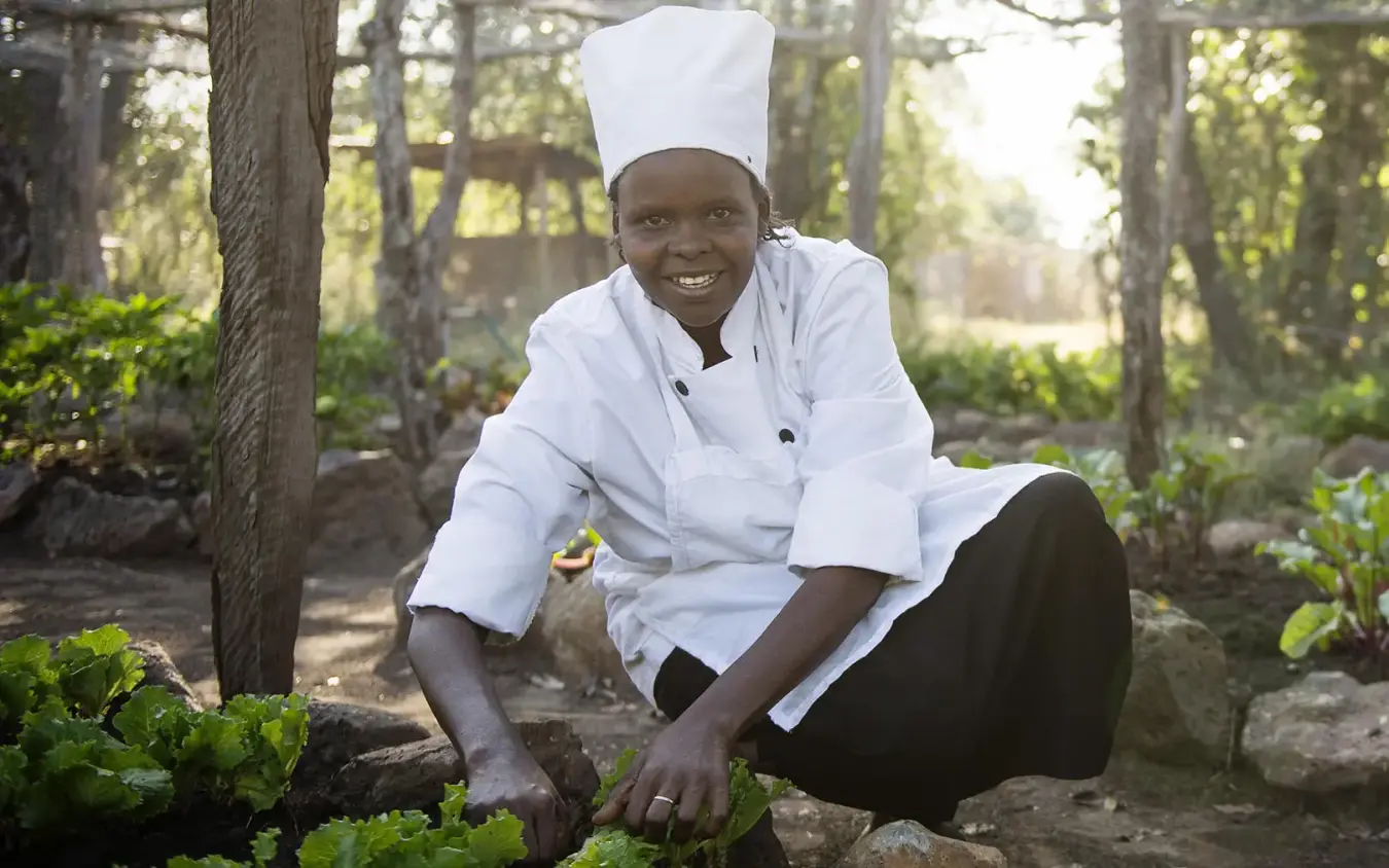 Chef in white uniform tending to vegetable garden, Ngare Serian, Maasai Mara, Kenya