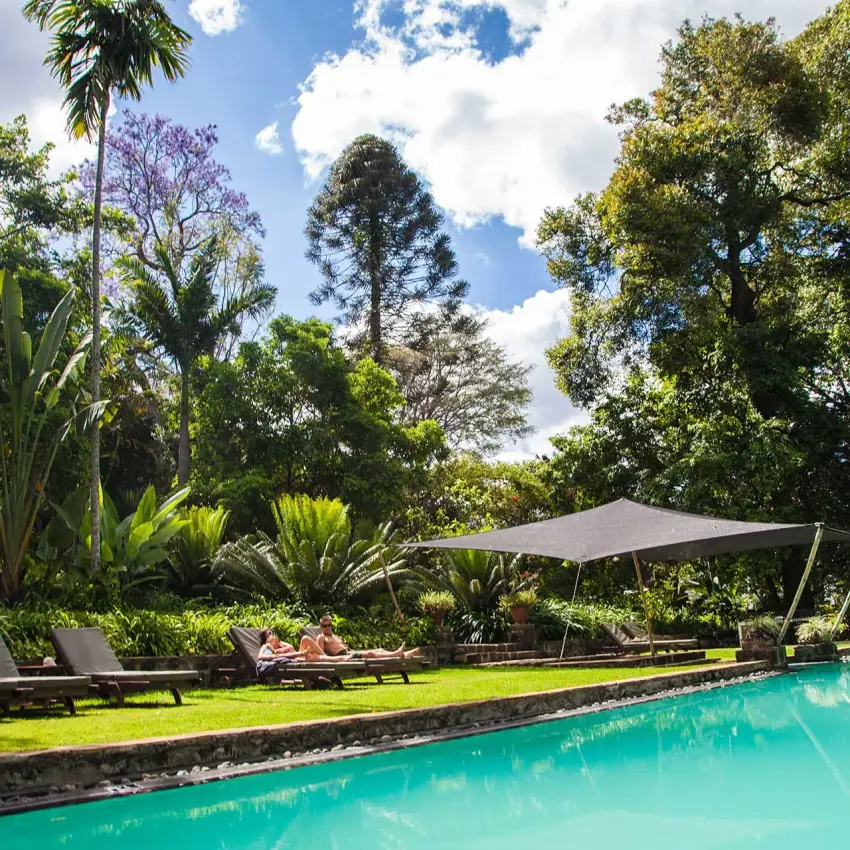 Turquoise pool with loungers and tropical garden landscape, Ngare Sero Mountain Lodge, Arusha, Tanzania