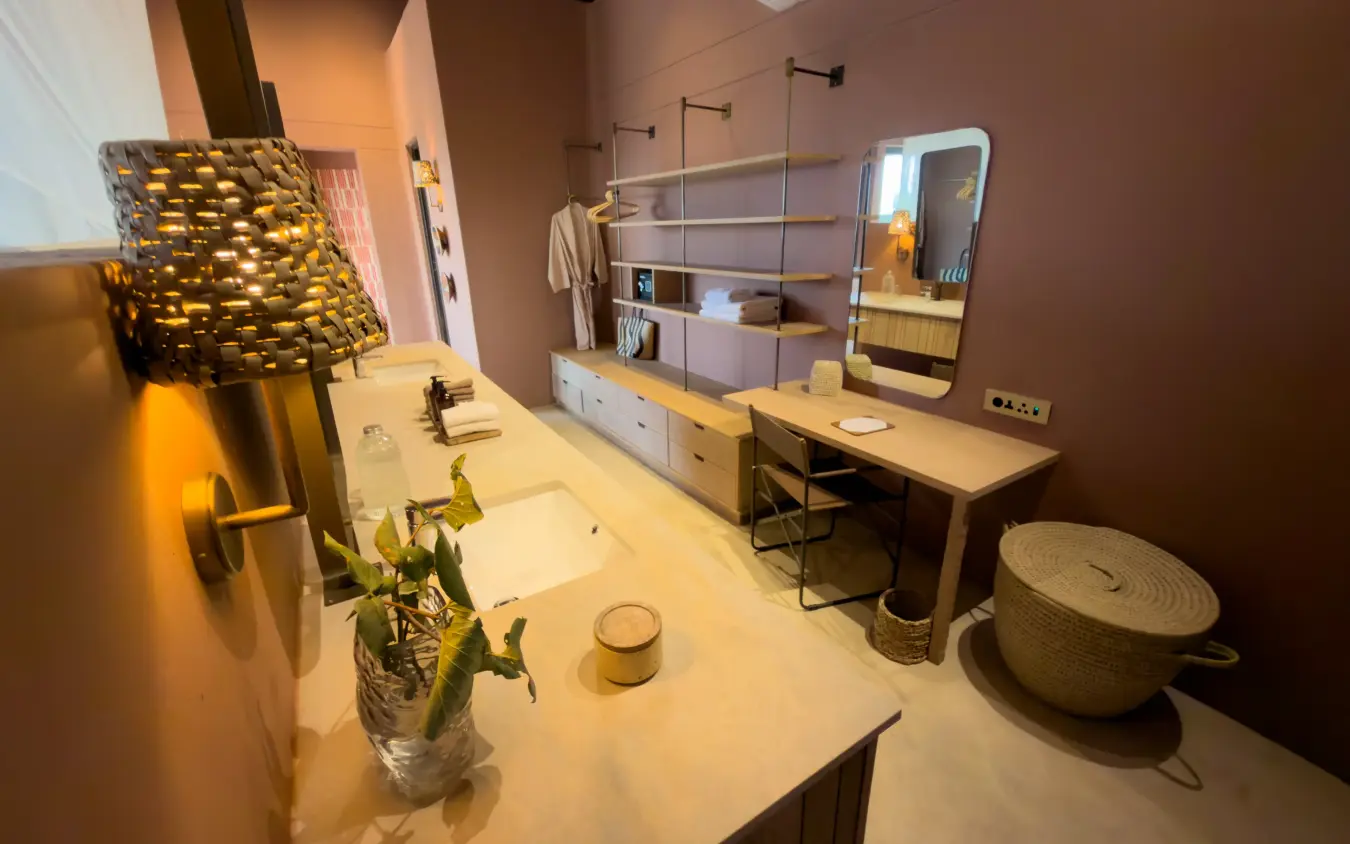 Modern bathroom suite with dual vanities and decorative lighting, Ngoma Safari Lodge, Chobe, Botswana