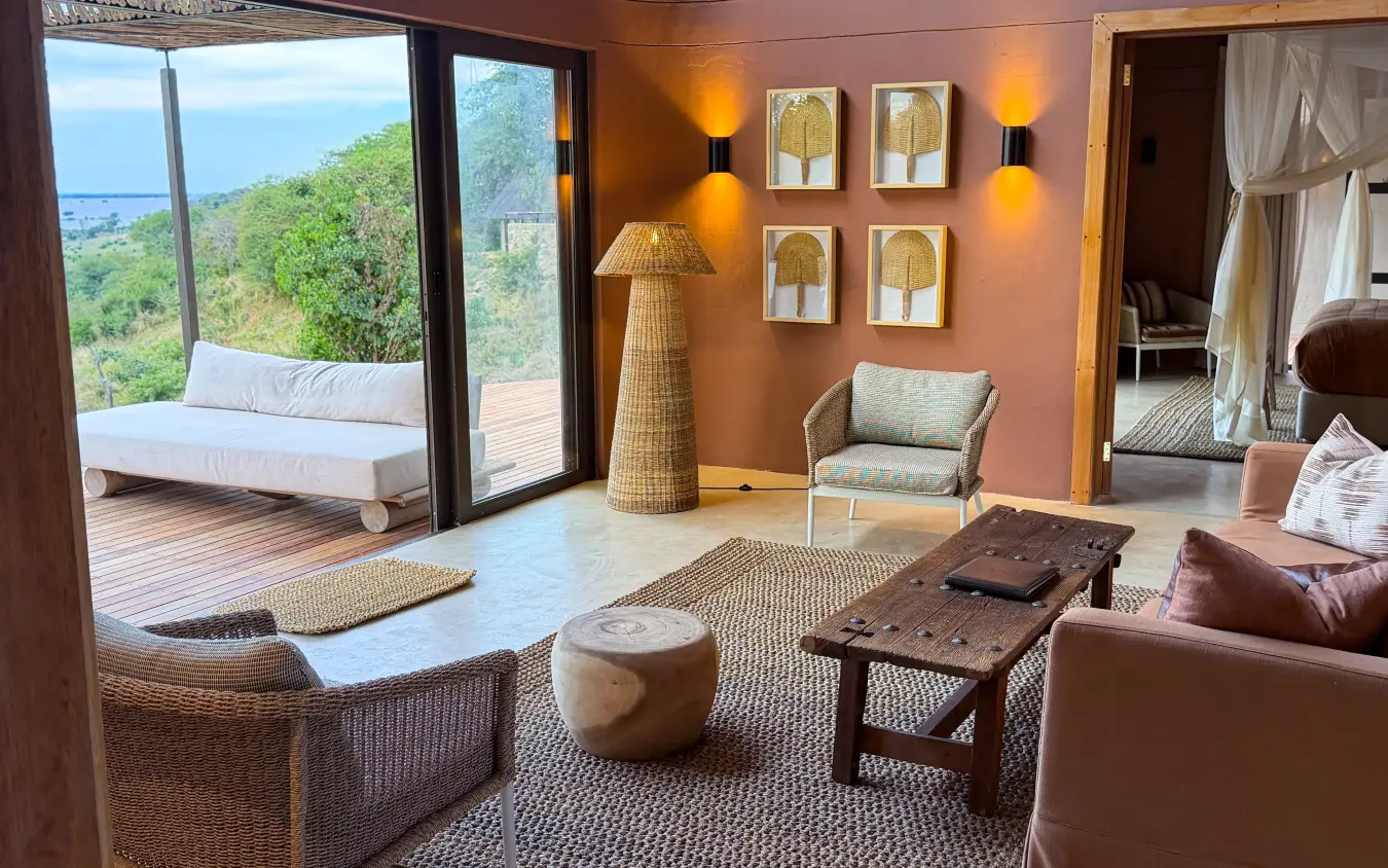 Luxury suite with coastal views and woven furnishings overlooking ocean landscape, Ngoma Safari Lodge, Chobe, Botswana