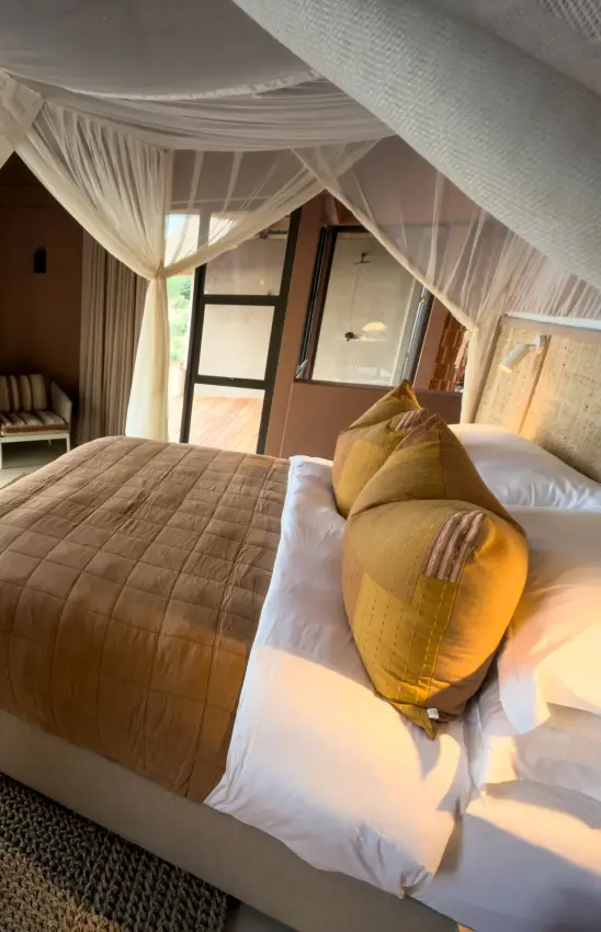 Luxury bedroom with sheer canopy drapes and gold accent pillows, Ngoma Safari Lodge, Chobe, Botswana