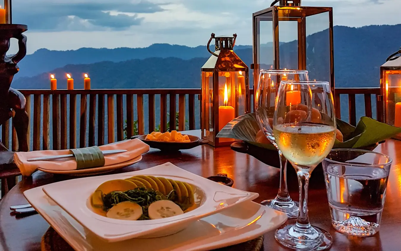 Plated dish with wine glass overlooking mountain landscape, Nkuringo Gorilla Lodge, Bwindi Impenetrable Forest, Uganda