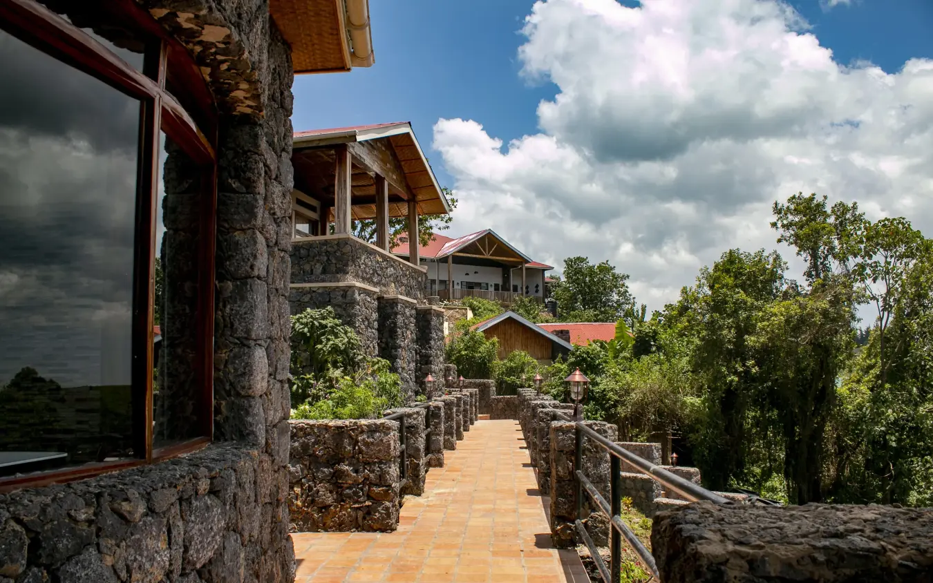 Stone pathway leading to multi-level lodge buildings, Nkuringo Gorilla Lodge, Bwindi Impenetrable Forest, Uganda
