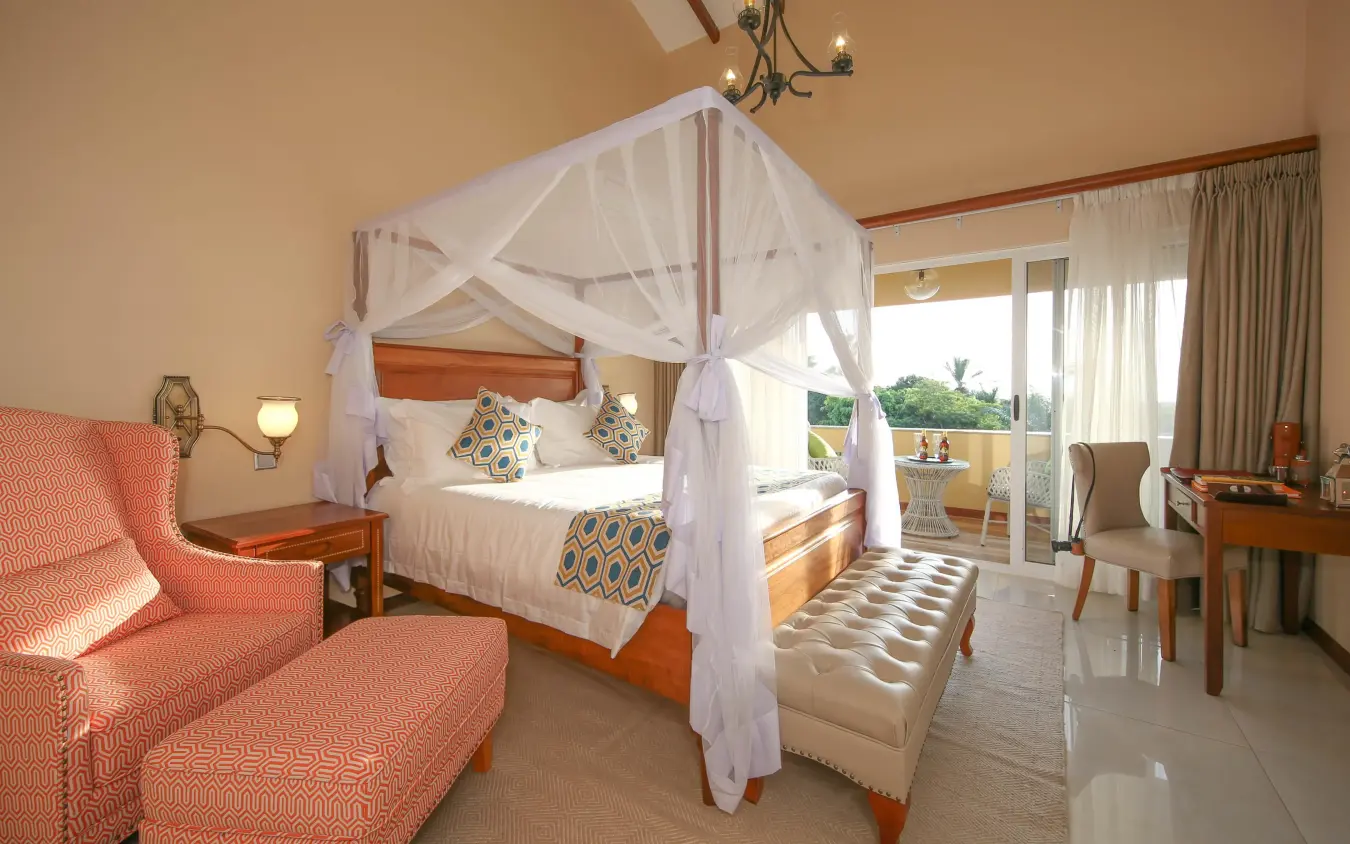 Spacious bedroom with four-poster canopy bed and terrace, No.5 Boutique Hotel, Entebbe and Kampala, Uganda