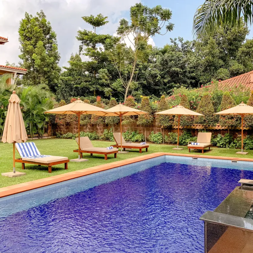Swimming pool with loungers and umbrellas in manicured garden, No.5 Boutique Hotel, Entebbe and Kampala, Uganda