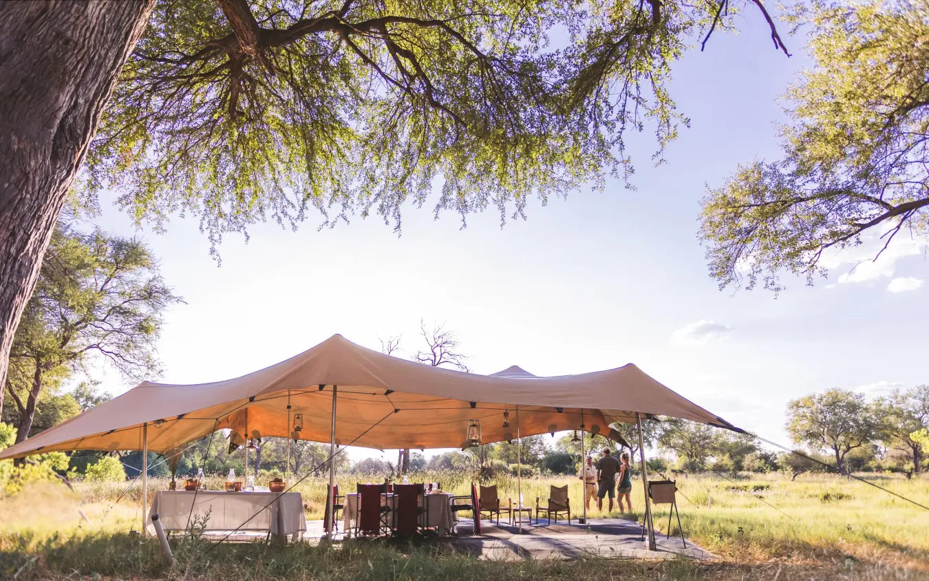 Safari camp setup with large canvas canopy in savanna landscape