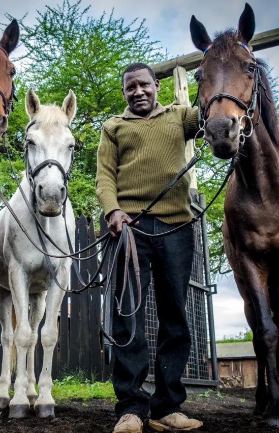 Man holding reins of three horses at stable, Ol Donyo Lodge, Amboseli and Chyulu Hills, Kenya