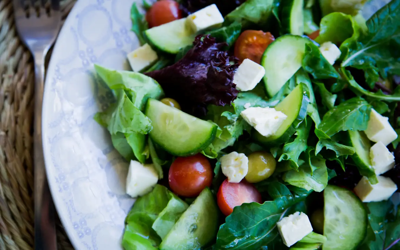 Fresh salad with greens, cucumber, tomato, beetroot and white cheese, Olive Grove Guesthouse, Windhoek, Namibia