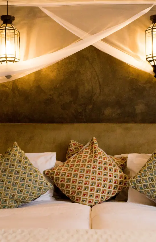 Luxury bedroom with geometric patterned pillows and dramatic ceiling lighting, Olive Grove Guesthouse, Windhoek, Namibia