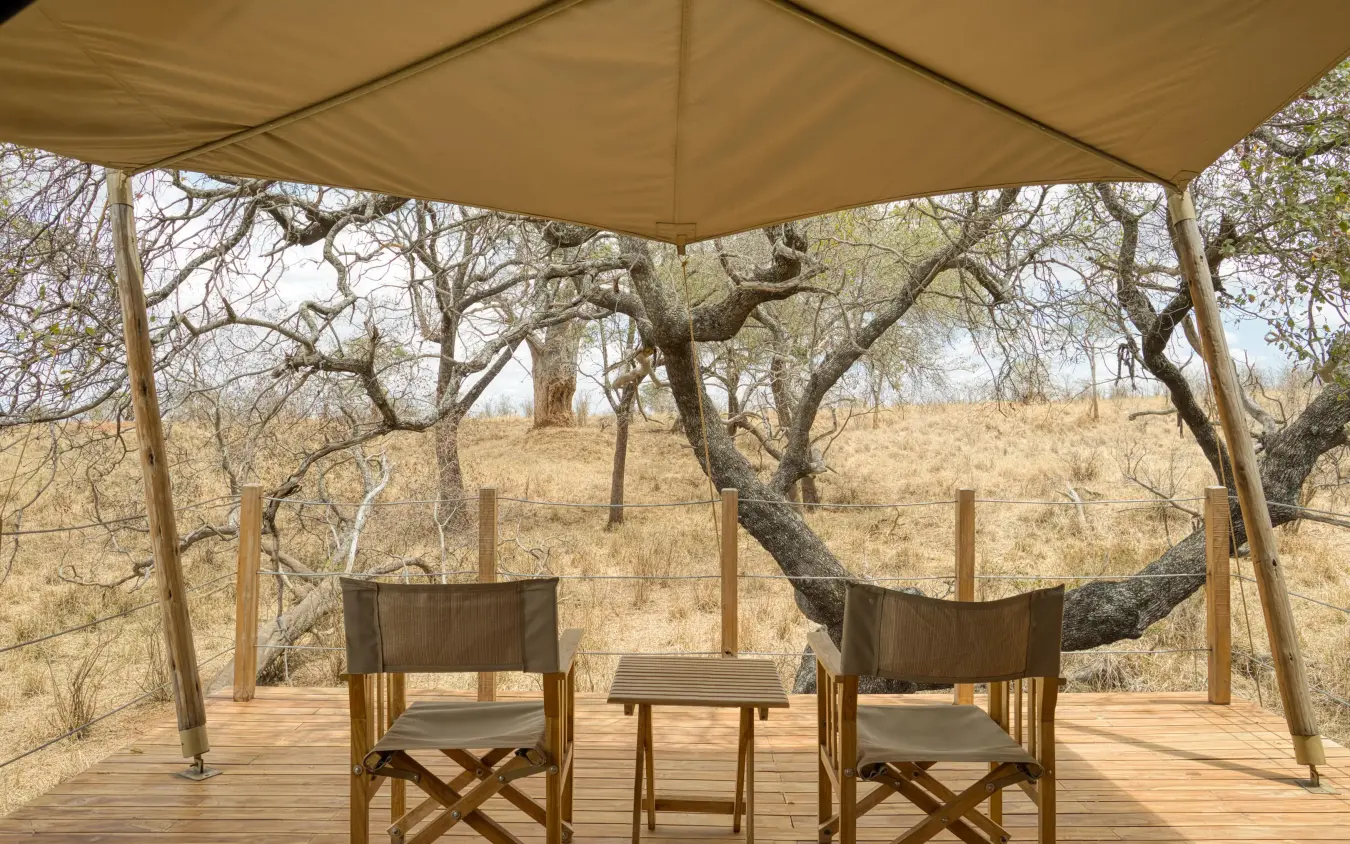 Shaded deck with director chairs overlooking acacia woodland savanna, Olkeri Camp, Tarangire National Park, Tanzania