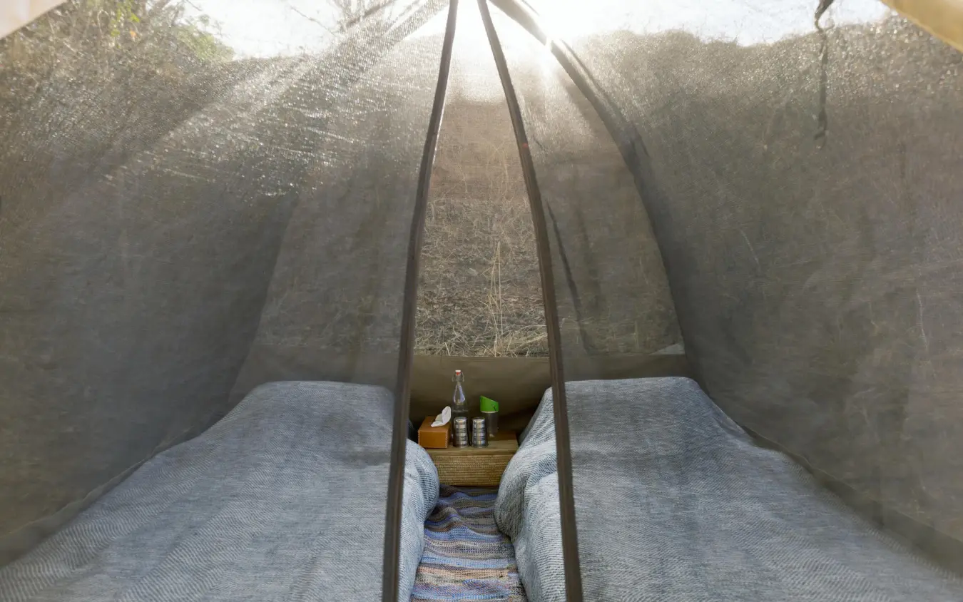 Interior of safari tent with twin beds and sheer fabric panels, Olkeri Camp, Tarangire National Park, Tanzania