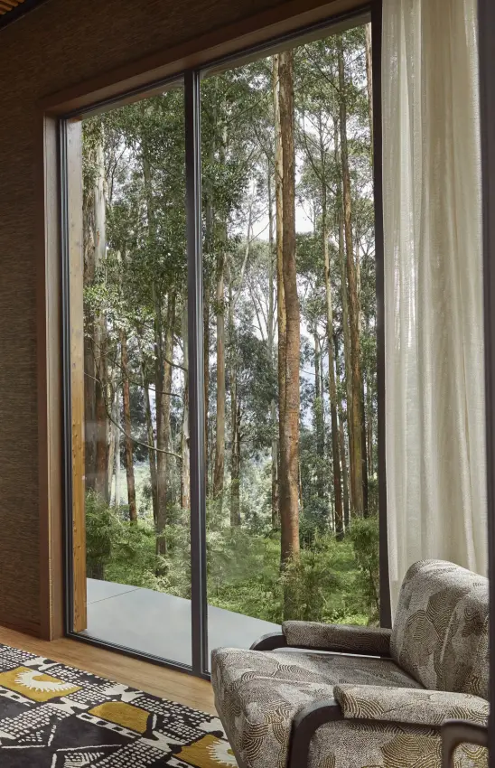 Bedroom with forest view through large sliding glass doors, Gorilla’s Nest, Volcanoes National Park, Rwanda