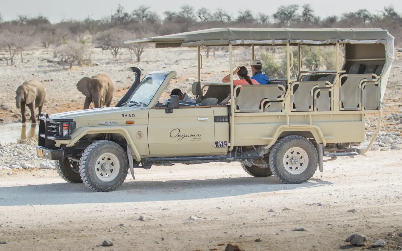 Safari vehicle with elephants at watering hole on game drive, Onguma Camp Kala, Etosha National Park, Namibia