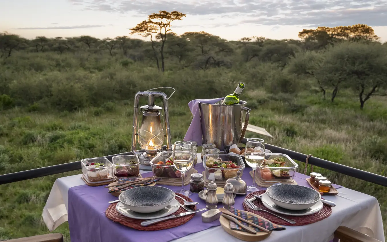 Elegant outdoor dinner table set for two overlooking savanna landscape at dusk, Onguma Camp Kala, Etosha National Park, Namibia