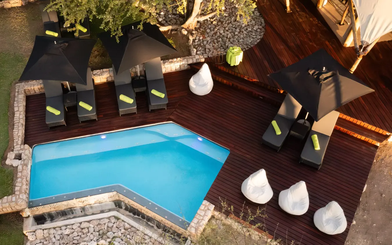 Luxury poolside lounge area with sunbeds and wooden decking at sunset, Onguma Tented Camp, Etosha National Park, Namibia