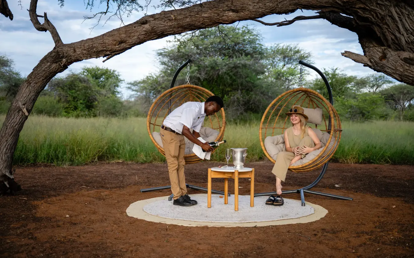 Couple relaxing in hanging chairs under acacia tree in savanna landscape, Onguma Trails Camp, Etosha National Park, Namibia