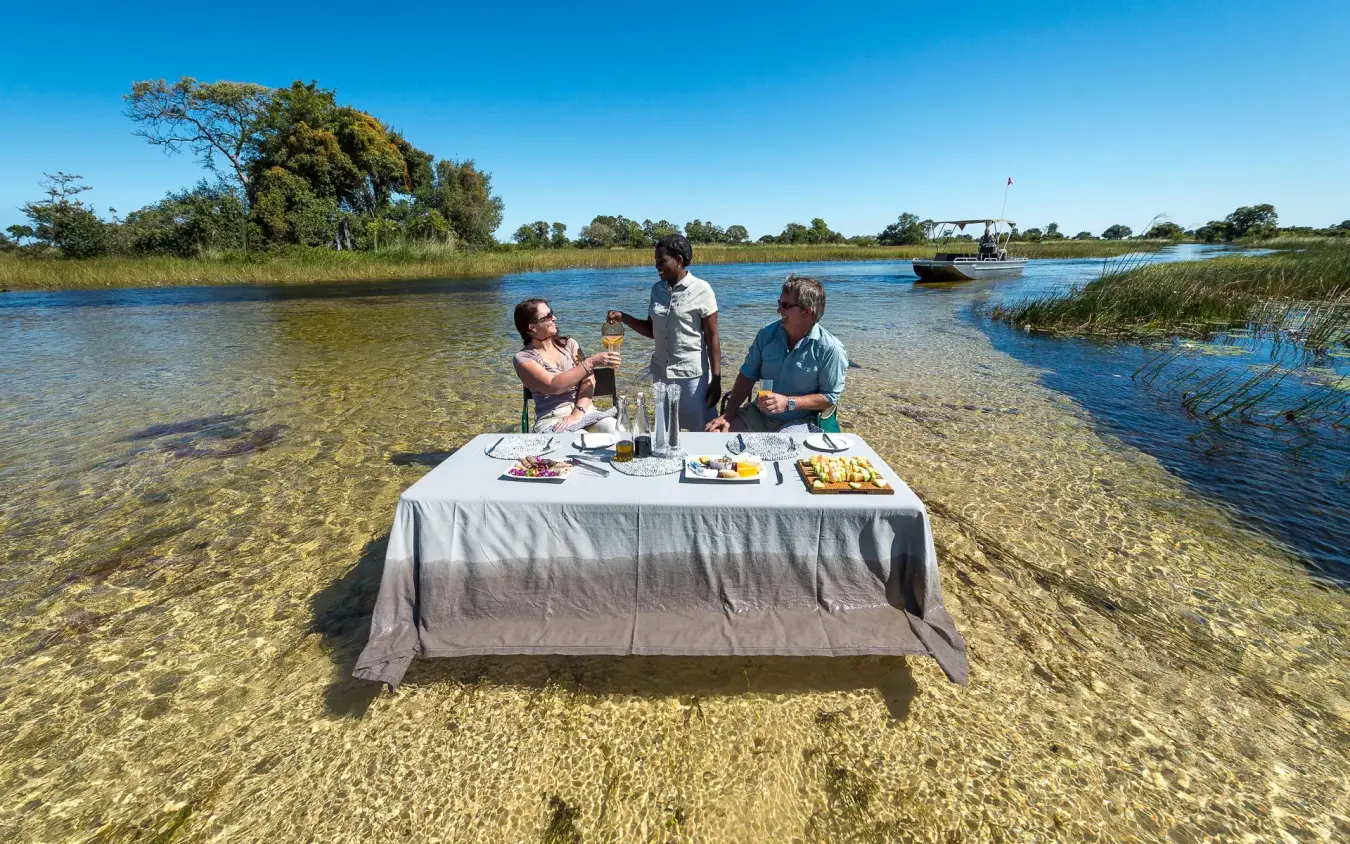Guests dining at table in shallow water surrounded by wildlife, The Okavango Delta, Botswana