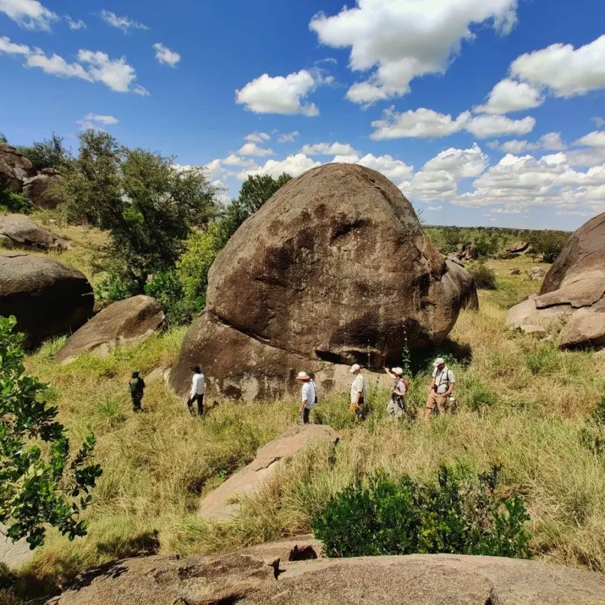Guests exploring large granite boulders in savanna landscape