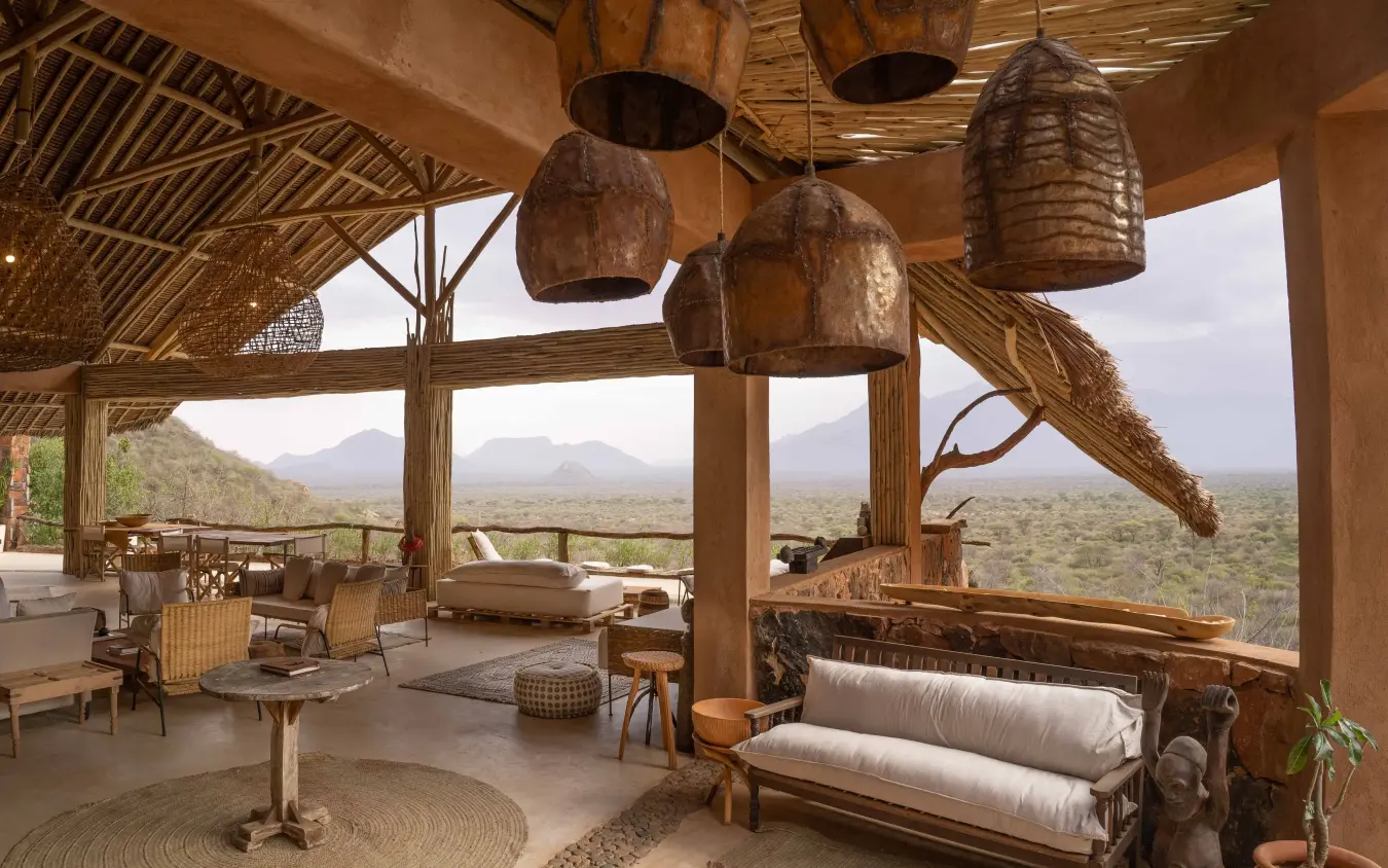 Open-air lounge with panoramic views of desert landscape, Reteti House, Northern Kenya, Kenya