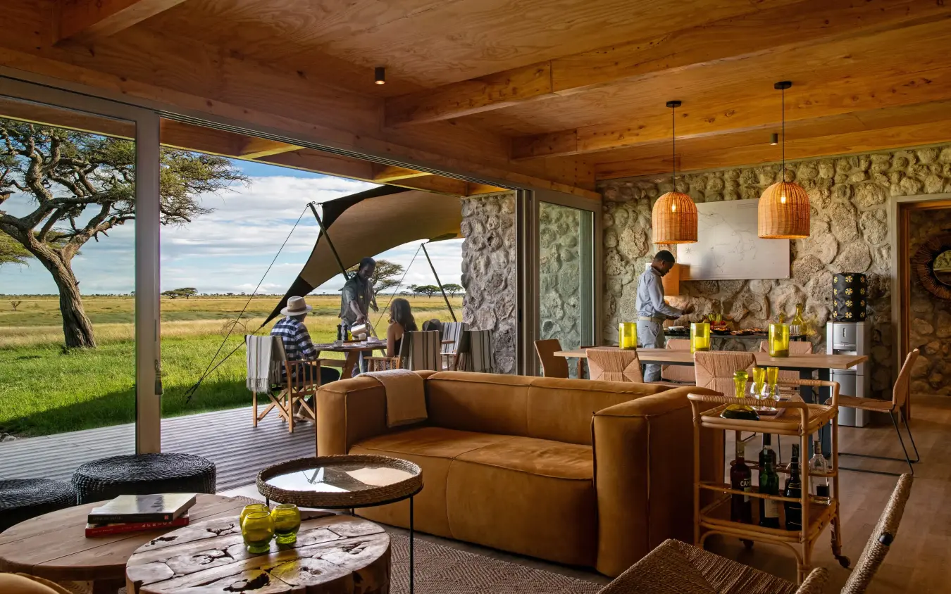 Open-plan lounge with views across Serengeti plains, The Retreats at Namiri Plains, Serengeti National Park, Tanzania