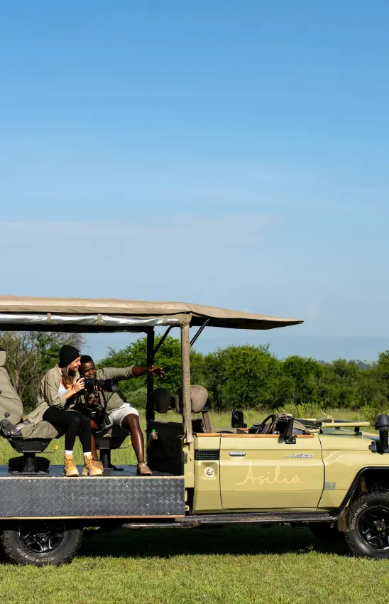 Safari vehicle with guests on game drive in grassland, The Retreats at Sayari Camp, Serengeti National Park, Tanzania