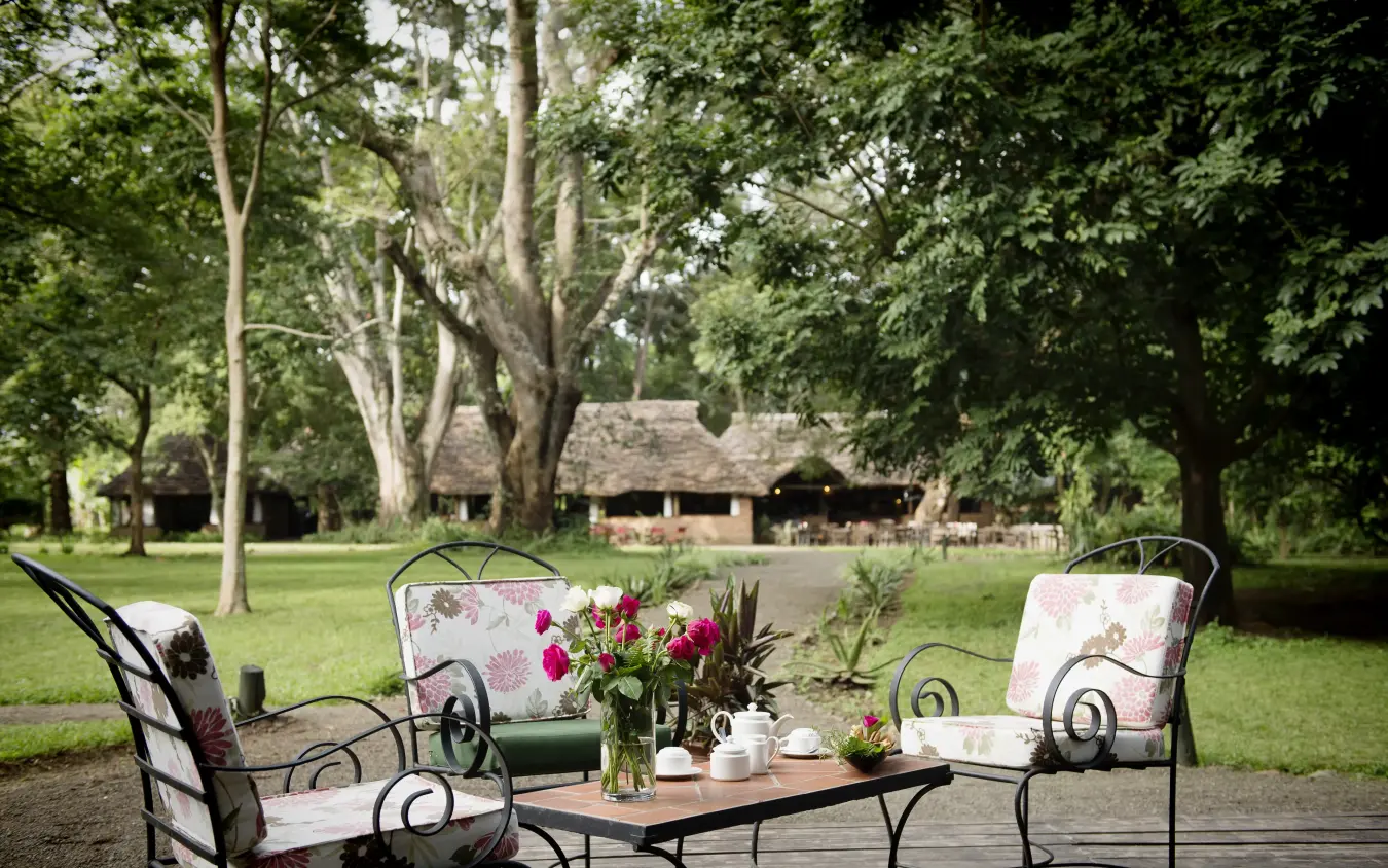 Seating area with flowers overlooking manicured grounds and trees, Rivertrees Country Inn, Arusha, Tanzania