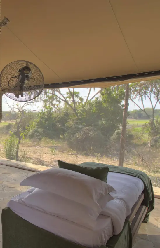 Safari tent bedroom with canopy beds and savanna view, Roho ya Selous, Nyerere National Park, Tanzania