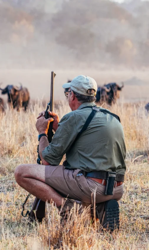 Hunter with rifle tracking wildebeest herd in dry grassland, Sable Valley Lodge, Hwange National Park, Zimbabwe