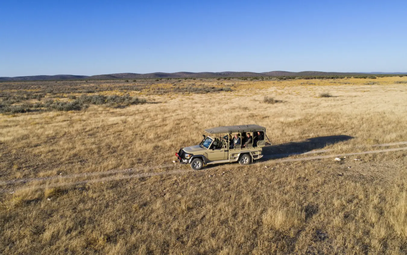 Safari vehicle with passengers crossing open grassland plains, Safari House, Etosha National Park, Namibia