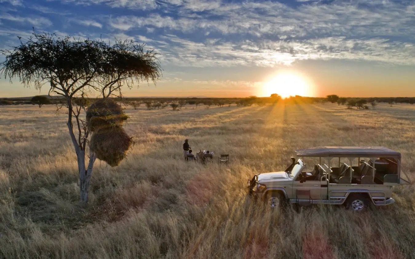 Safari vehicle on game drive at golden hour sunset, Safari House, Etosha National Park, Namibia