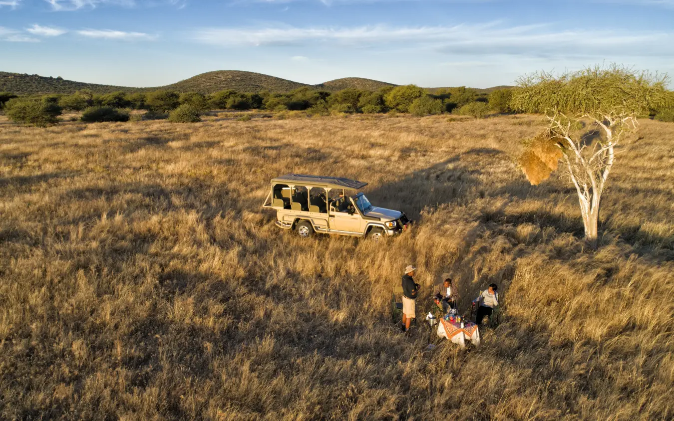 Safari vehicle with guests gathered in golden grassland savanna landscape, Safarihoek Lodge, Etosha National Park, Namibia
