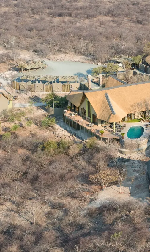 Aerial view of luxury lodge with thatched chalets nestled in arid bushland, Safarihoek Lodge, Etosha National Park, Namibia