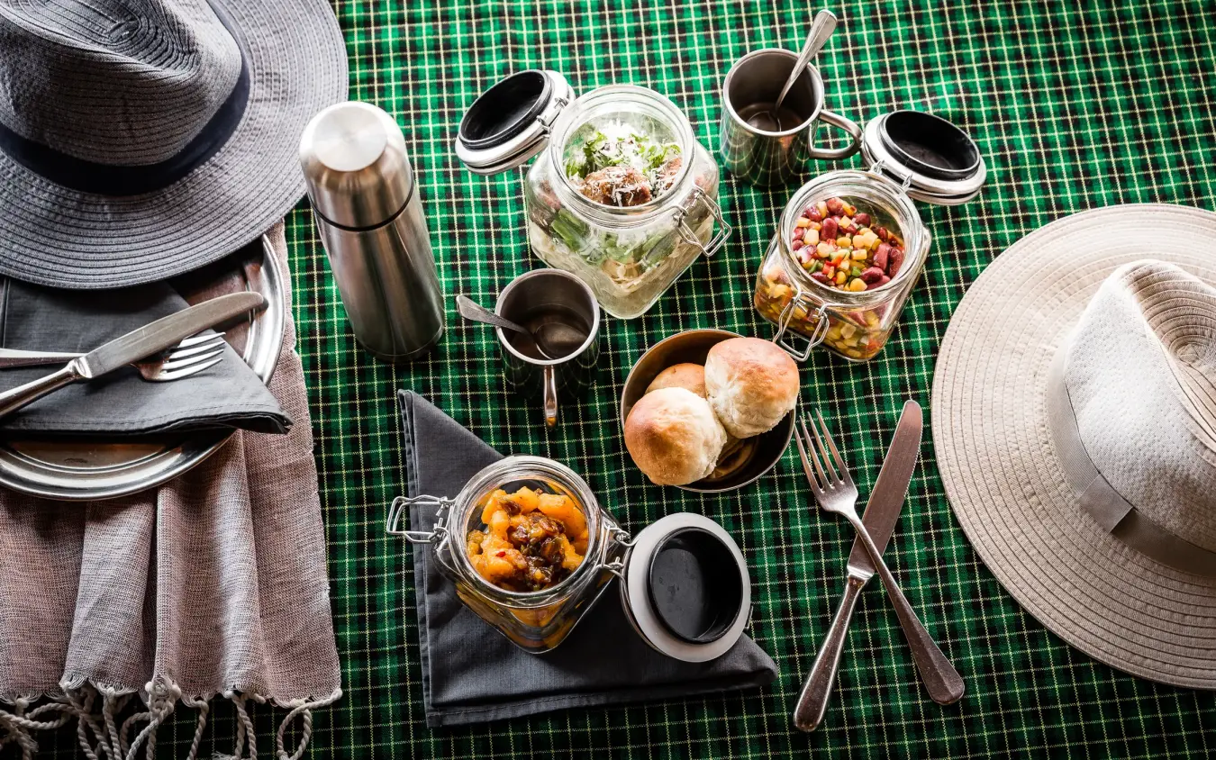 Outdoor picnic setup with hatted guests on green checkered tablecloth, Swala, Tarangire National Park, Tanzania