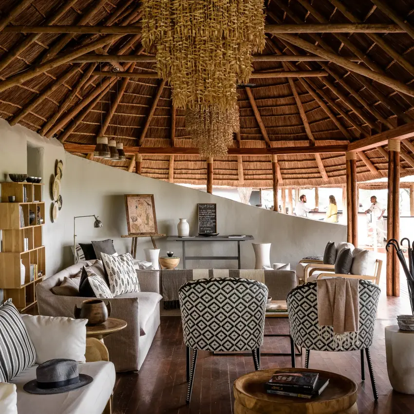 Thatched-roof lounge with natural materials and patterned furnishings, Swala, Tarangire National Park, Tanzania
