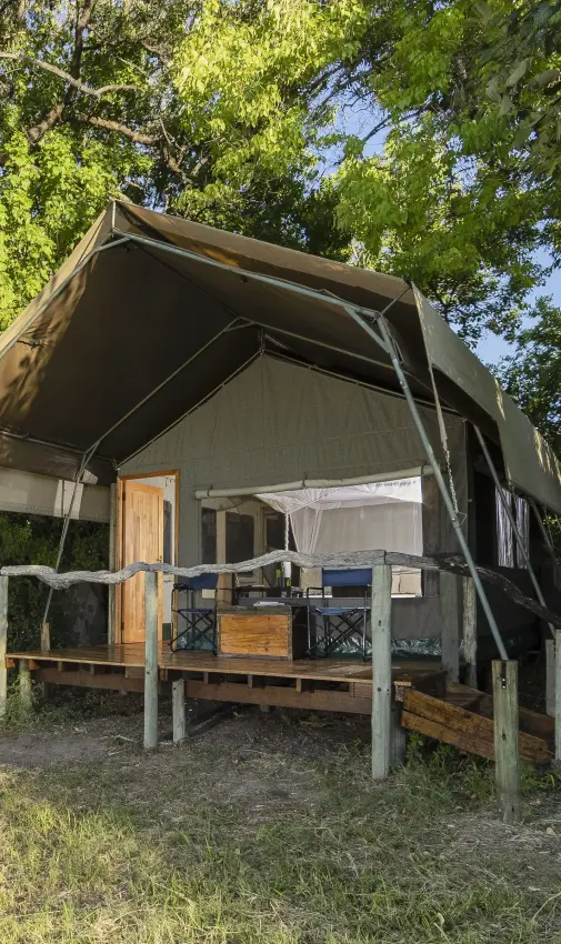 Canvas safari tent with wooden deck beneath shade trees, Sango Expedition Camp, Gonarezhou & Malilangwe, Zimbabwe