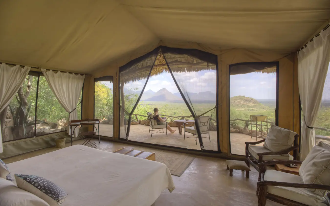 Spacious safari tent bedroom with panoramic mountain views, Sarara Camp, Northern Kenya, Kenya