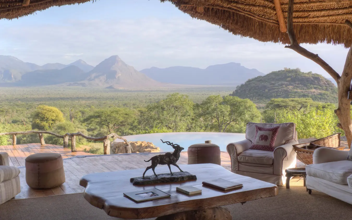 Open-air lounge with mountain vista and savanna landscape, Sarara Camp, Northern Kenya, Kenya