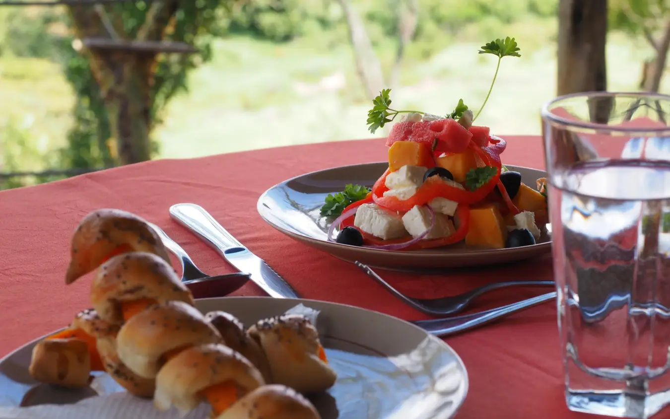 Plated lunch with skewers and fresh vegetables outdoors, Eagle View Camp, Maasai Mara, Kenya